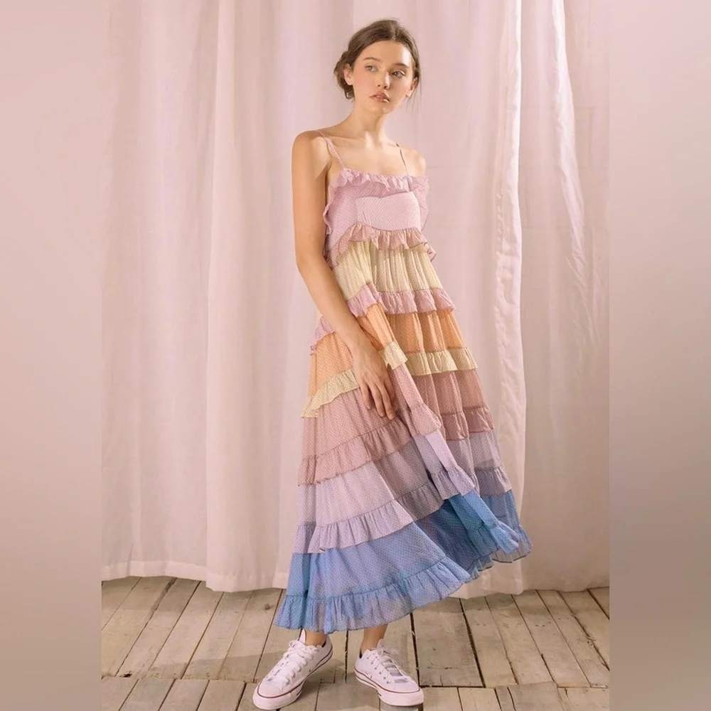 Storia Multi Color Polka Dot Tiered Midi Dress Women's Small Colorblock NWT
